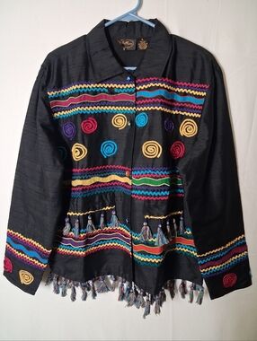 Allure Black Embroidered Jacket L | Colorful Boho Fringe Statement Top